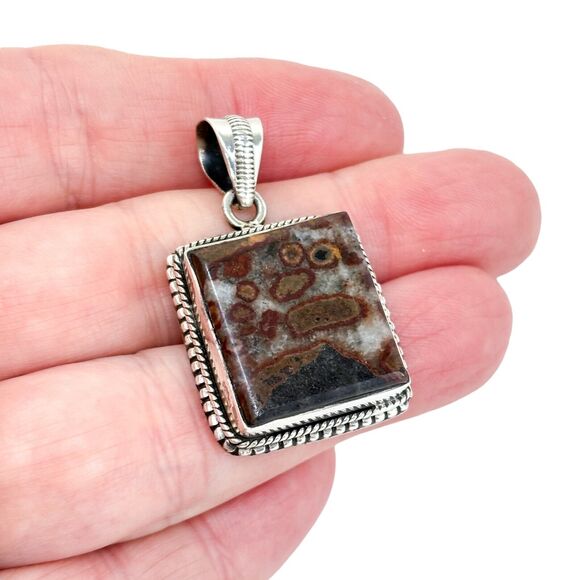 Vintage Sterling Silver 925 Rectangular Agate Pendant - Picture 1 of 6